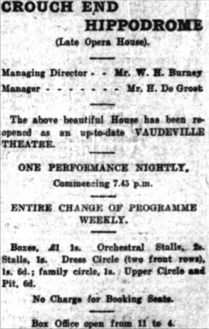 An Advertisement for the Opening of the Crouch End Hippodrome - From the Hornsey & Finsbury Park Journal, 4th of January 1907.