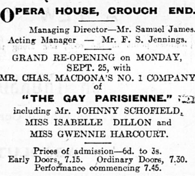 An Advertisement for the reopening of the Opera House, Crouch End in 1905 - From the North Middlesex Chronicle, 23rd of September 1905.