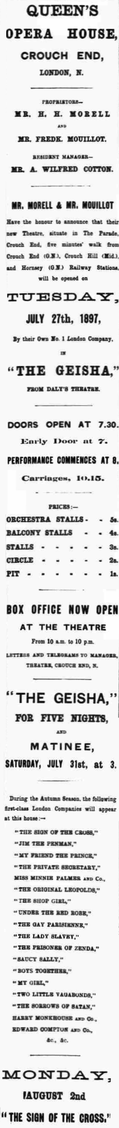 An Advertisement for the opening of the Queen's Opera House, Crouch End - From the Islington Gazette, 20th July 1897.