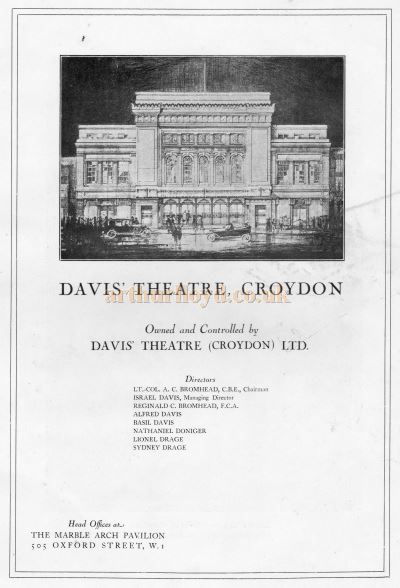The first page of the opening souvenir programme for the Davis Theatre, Croydon,18th of December 1928.