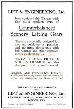 An advertisement for Lift & Engineering Ltd - From the opening souvenir programme for the Davis Theatre, Croydon,18th of December 1928.