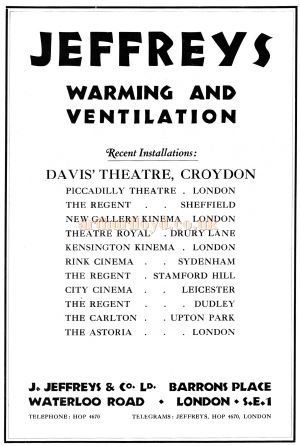 An advertisement for Jeffreys Warming and Ventilation - From the opening souvenir programme for the Davis Theatre, Croydon,18th of December 1928.
