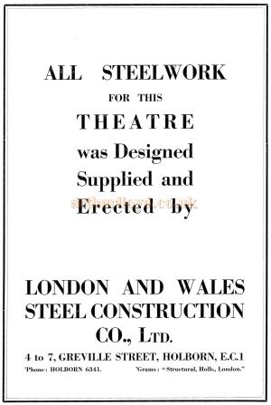 An advertisement for London and Wales Steel Construction Co., Ltd - From the opening souvenir programme for the Davis Theatre, Croydon,18th of December 1928.