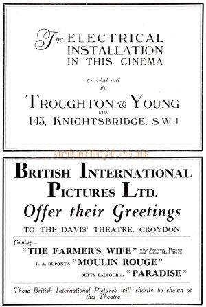 Advertisements for Troughton & Young and British International Pictures Ltd - From the opening souvenir programme for the Davis Theatre, Croydon,18th of December 1928.