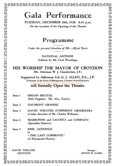 Details of the Gala Performance for the opening of the Davis Theatre, Croydon on Tuesday the 18th of December 1928.