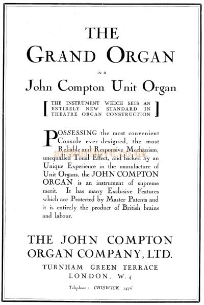 Details of the Compton Organ installed at the Davis Theatre, Croydon - From the opening souvenir programme for the Davis Theatre, Croydon,18th of December 1928. 