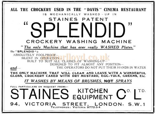 An advertisement for Staines Kitchen Equipment Co Ltd - From the opening souvenir programme for the Davis Theatre, Croydon,18th of December 1928.