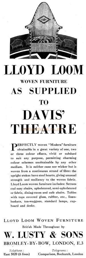 An advertisement for Lloyd Loom Woven Furniture as supplied to the Davis' Theatre - From the opening souvenir programme for the Davis Theatre, Croydon,18th of December 1928.