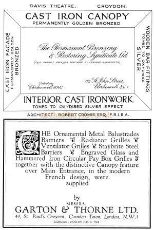 Advertisements for the Cast Iron Company and Garton & Thorne Ltd - From the opening souvenir programme for the Davis Theatre, Croydon,18th of December 1928.