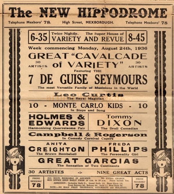 A Twice Nightly Variety Programme for the New Mexborough Hippodrome in August 1936 - Courtesy Colin Davies.