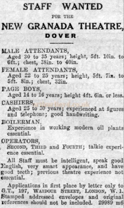 An Advertisement for Staff Wanted for the new Granada Theatre, Dover - From the Dover Express, 6th of December 1929.