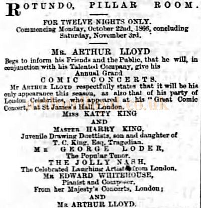 An Advertisement for Arthur Lloyd's Comic Concert at the Rotundo, Pillar Room - From the Irish Times of October the 20th 1866.