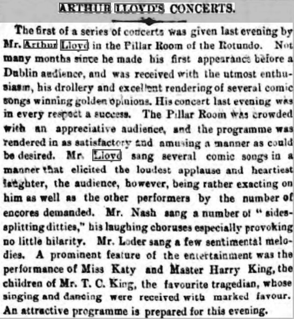 A Review for Arthur Lloyd and others at the Pillar Room in the Rotunda in Dublin in October 1866 - Courtesy Gerry Fitzpatrick.