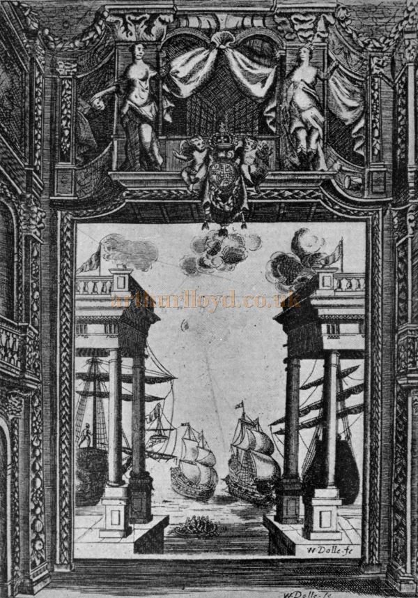 The Stage of the Duke's Theatre, Dorset Gardens - Reproduced in 'Shakspere to Sheridan' by Alwin Thaler in 1922.
