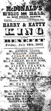 A Bill for Arthur Lloyd, and his wife Katty King and her brother Harry, at McDonald's Music Hall in 1867 - Click for details on this Theatre.