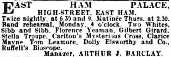 An advertisement for the opening of the East Ham Palace - From The ERA, 15th December 1906.