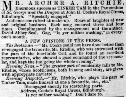 An Advertisement for the Pantomime 'St. George and the Dragon' at Cooke's Royal Circus, Edinburgh in 1890 - From the Stage Newspaper, 3rd of January 1890.