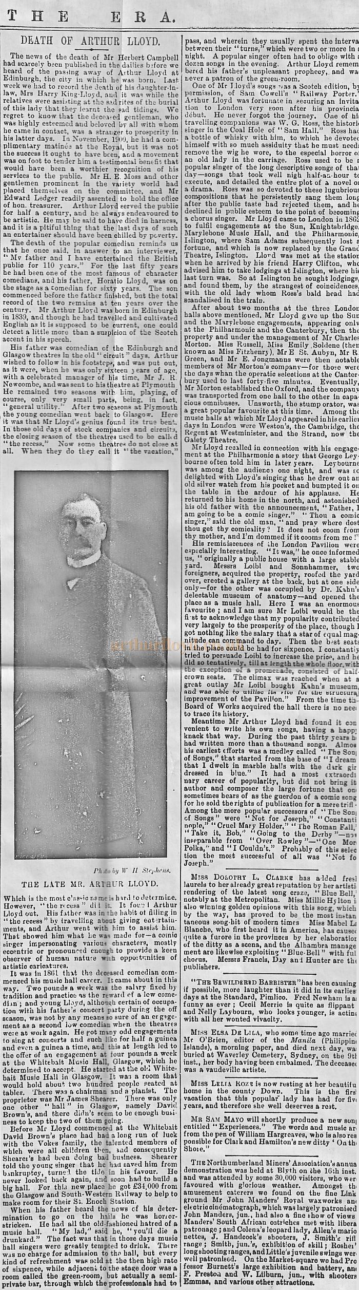 The ERA Obituary for Arthur Lloyd, 23rd July 1904