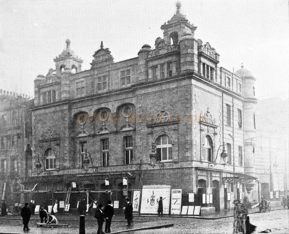 A Photograph of the Euston Palace of Varieties shortly before it opened - From the Architectural Review, 1901. The photograph seems to have been altered before publication with the addition of some sketched people to the right, probably to cover blurred people in the original negative.