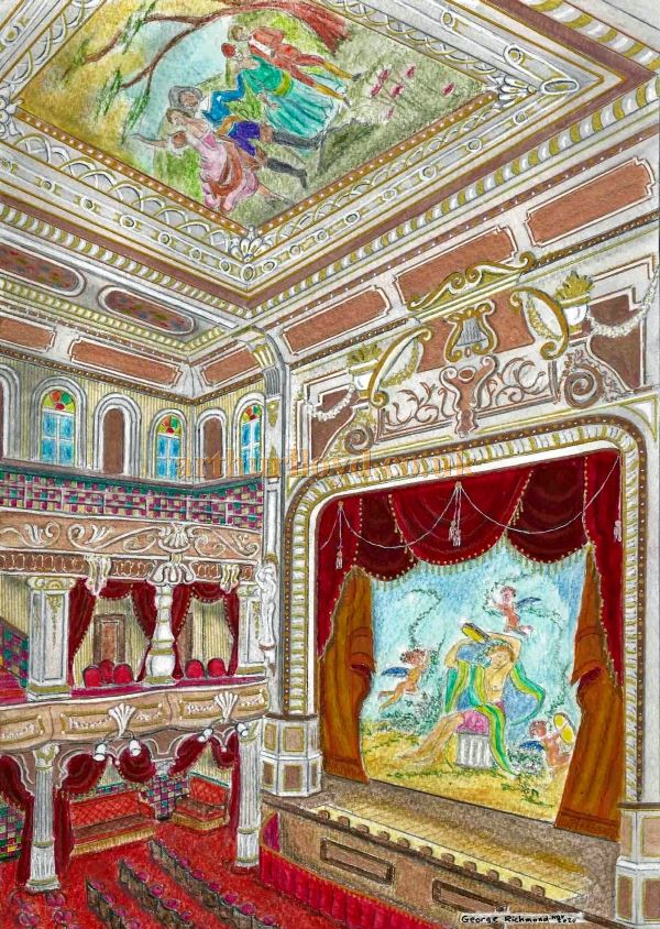 A Painting by George Richmond depicting the auditorium of the Euston Theatre of Varieties in 1900 - Click for an Index to all of George Richmond's Paintings on this site. 