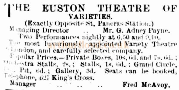 An Advertisement from The Entracte of February the 9th, 1901 showing the prices at the Euston Theatre of Varieties.