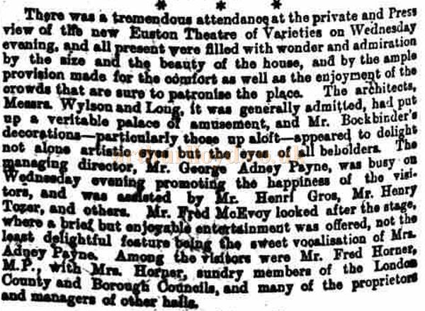 A report on the Private View of the Euston Theatre of Varieties - From The Referee, December 23rd 1900.