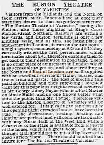 A Report from the Essex County Chronicle of January 11th 1901 on the Euston Theatre of Varieties excellent Transport Links.