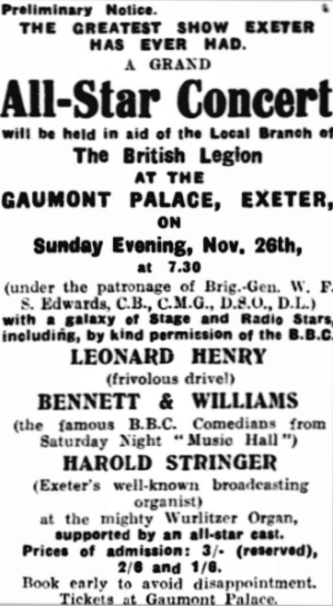 An Advertisement for an All Star Concert to be staged at the Gaumont Palace Theatre, Exeter in November 1939 - From the Express and Echo, 16 of November 1939.