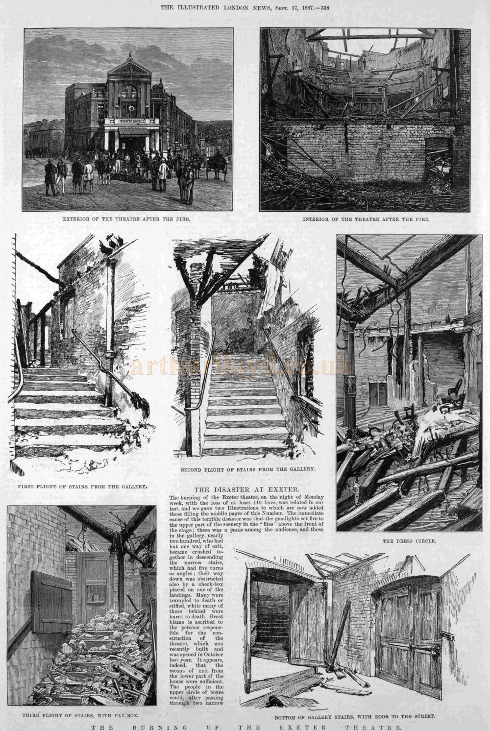 The first page of the ILN's report on the fire at the Theatre Royal, Exeter in September 1887.