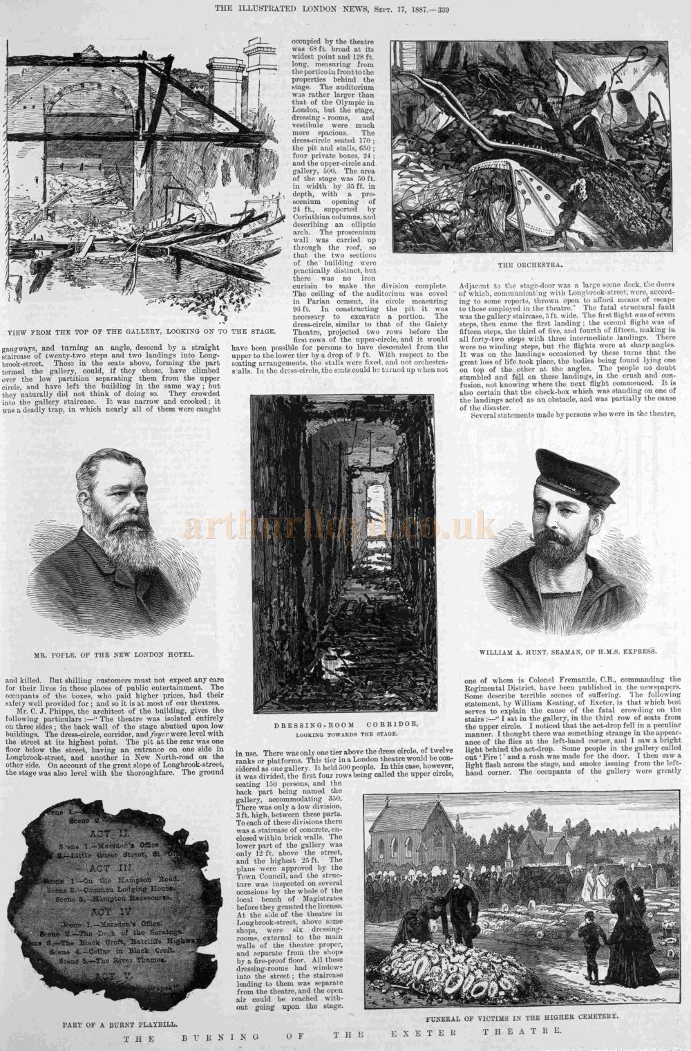 The second page of the ILN's report on the fire at the Theatre Royal, Exeter in September 1887.