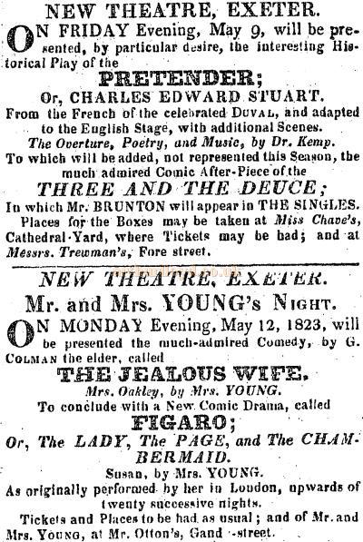 A cutting from Trewmans Exeter Post of the 8th of May 1823 advertising forthcoming productions at the New Theatre, Exeter.