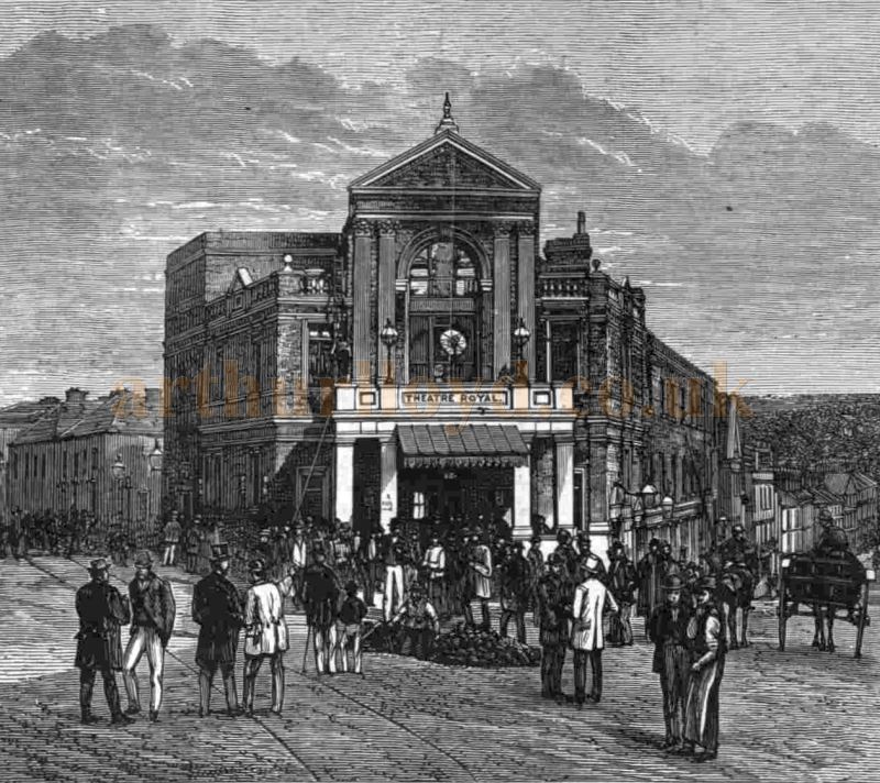The exterior of the Theatre Royal, Exeter after the fire of 1887 - From the ILN, 17th September 1887.