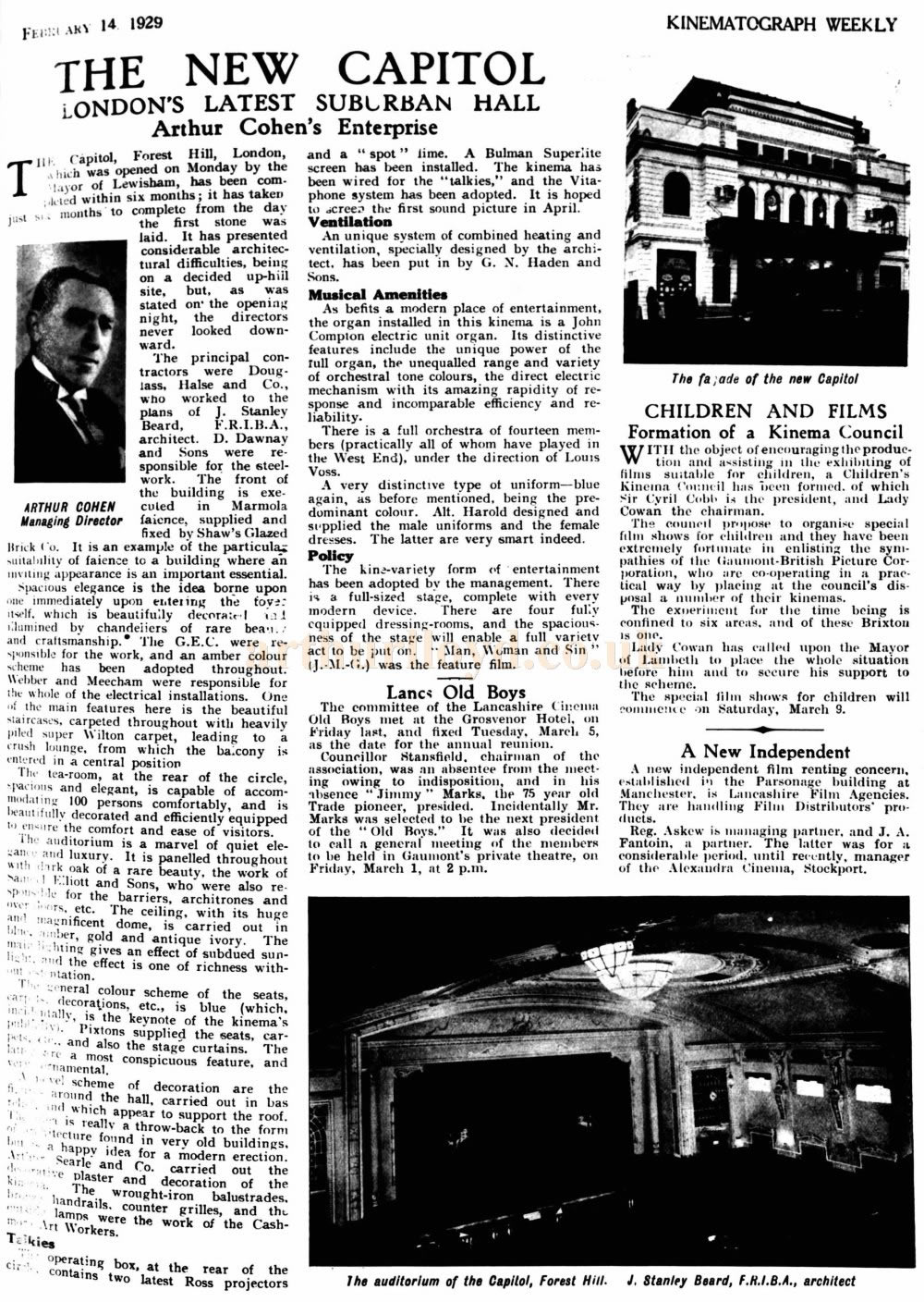 A Full Page Report on the new Capitol Theatre, Forest Hill - From the Kinematograph Weekly, 14th of February 1929.