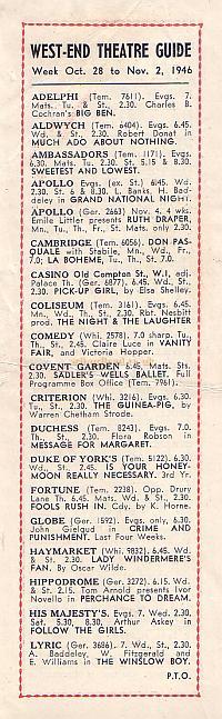 Slip inside 'Fools Rush In' Programme of 1946 advertising shows currently playing in London's West End.
