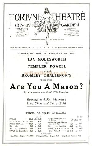 Cast Details from the programme for 'Are You A Mason' at the Fortune Theatre in February 1925 - Note the date on this page of the programme is incorrectly stated as 1924.