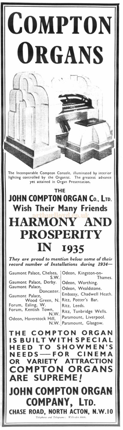 An Advertisement for Compton Organs as installed at the Forum, Kentish Town - From the Era, 2nd of January 1935.