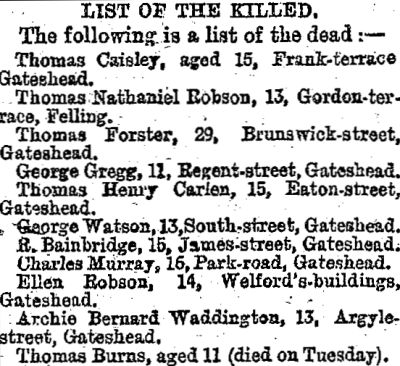 A List of those killed in the panic at the Theatre Royal, Gateshead in 1891 - From Lloyd's Weekly, 3rd January 1892. 