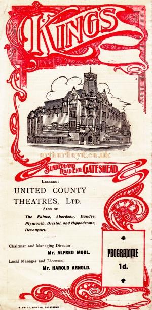 A programme for a variety show at the King's Theatre, Gateshead for the week of the 15th of February 1909