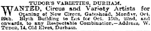 An advertisement for the Opening of Tudor's Circus, Gateshead - From The Stage, 11th October 1894.