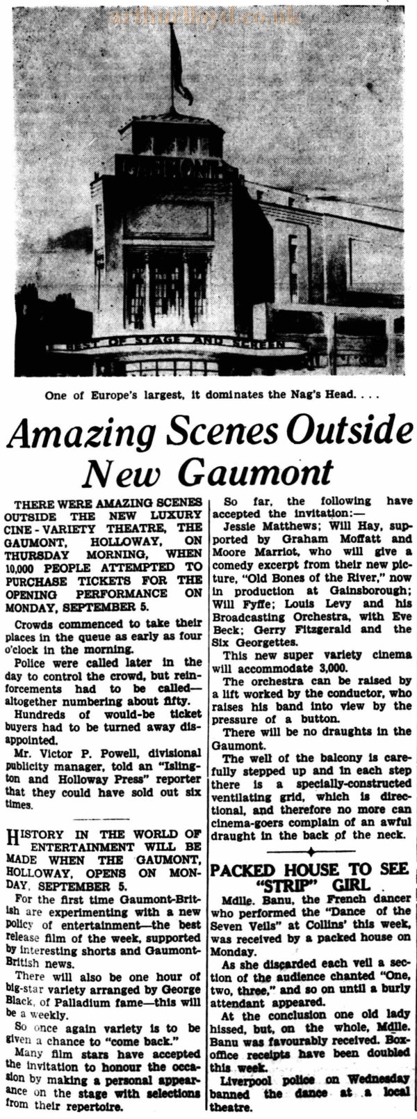 An Article and Image on the crowds of people trying to get tickets for the opening of the Gaumont Theatre, Holloway Road in 1938 - From The Islington and Holloway Press, 27th of August 1938.