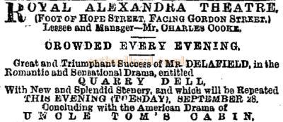 An advertisement for the Royal Alexandra Theatre, Glasgow from the Glasgow Herald of the 5th of October 1869