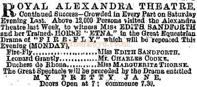An advertisement for the Royal Alexandra Theatre, Glasgow from the Glasgow Herald of the 2nd of August 1869.