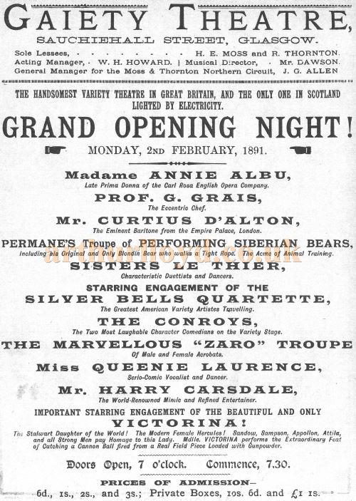 An advertisement for the opening of the Glasgow Gaiety Theatre, Sauchiehall Street under Moss & Thornton, 2nd February 1891 - Courtesy Graeme Smith.