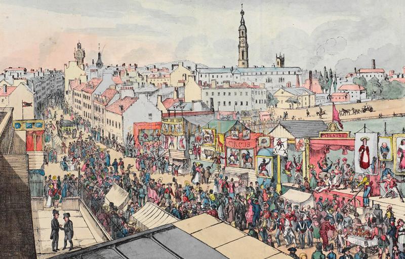 The Glasgow Fair on Glasgow Green in 1825 before its larger theatres were built - Courtesy Graeme Smith