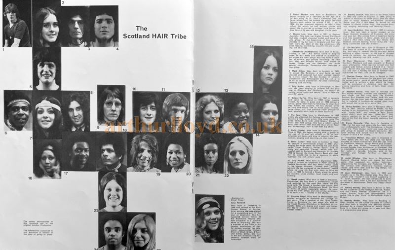 Cast Details from a Programme for 'Hair' at the Metropole Theatre, Glasgow in 1970 - Courtesy Peter Cawthorne who saw the show there that Christmas.
