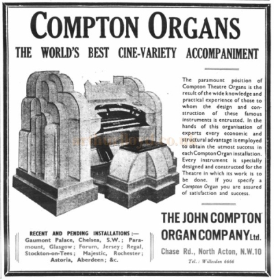 An Advertisement for Compton Organs as Installed at the Paramount Theatre, Glasgow - From the The Era, 12th of December 1934.