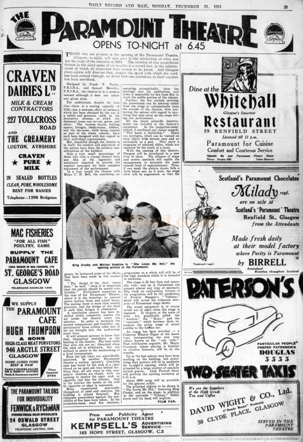 A Full Page Article on the opening of the Paramount Theatre, Glasgow in 1934 - From the Daily Record, Monday the 31st of December 1934.