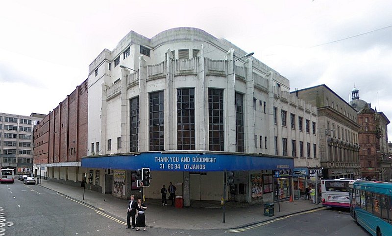 A Google StreetView Image from June 2008 showing the former Paramount Theatre / Odeon Cinema Complex, Glasgow after it had closed and displaying the sign 'Thank You and Goodnight 31 Dec 34 07 Jan 06' - Click to Interact.