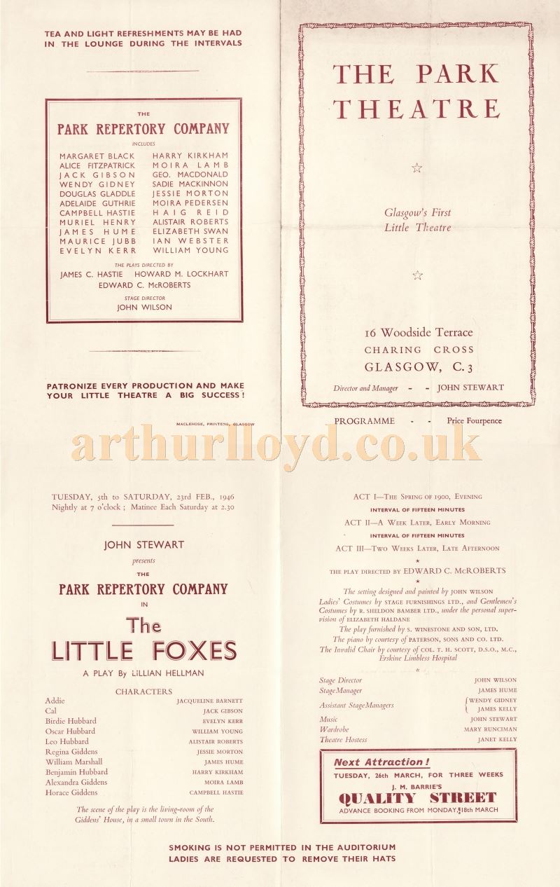 A Programme for 'The Little Foxes' by Lillian Hellman at the Park Theatre, Glasgow in 1946 - Courtesy Robert Pool.