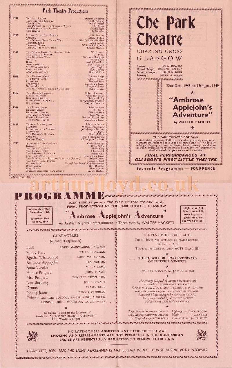 The final programme for the Park Theatre, Glasgow in December 1948 'Ambrose Apple John's Adventure' by Walter Hackett - Courtesy Robert Pool.